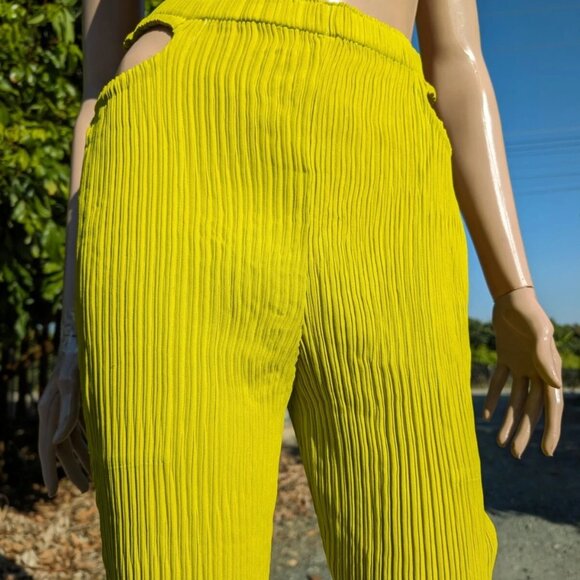 Rare ISSEY MIYAKE Lime Green Sample Pants Pleated Open Hip Trousers S M L - Picture 7 of 9